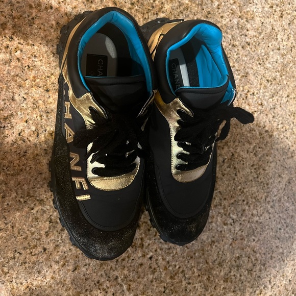 black, gold, and teal chanel sneakers - Picture 4 of 5